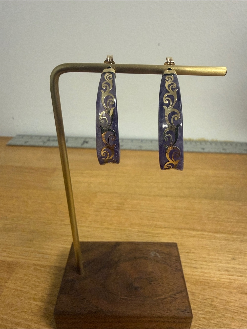 Purple amethyst large drop open hoop earrings with 14k gold appliqué and post